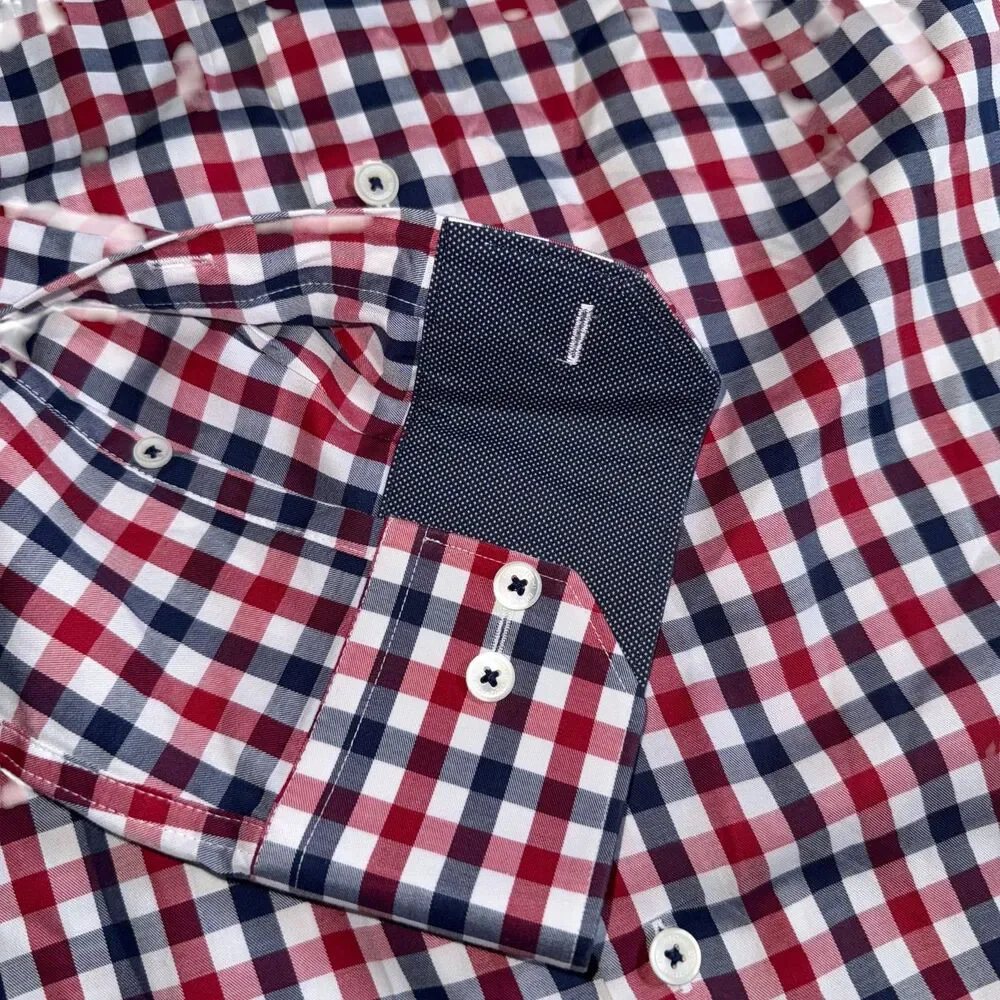Bugatchi Uomo Long Sleeve Button Down - Red & Navy Check - 15 1/2 34/35 (Medium)